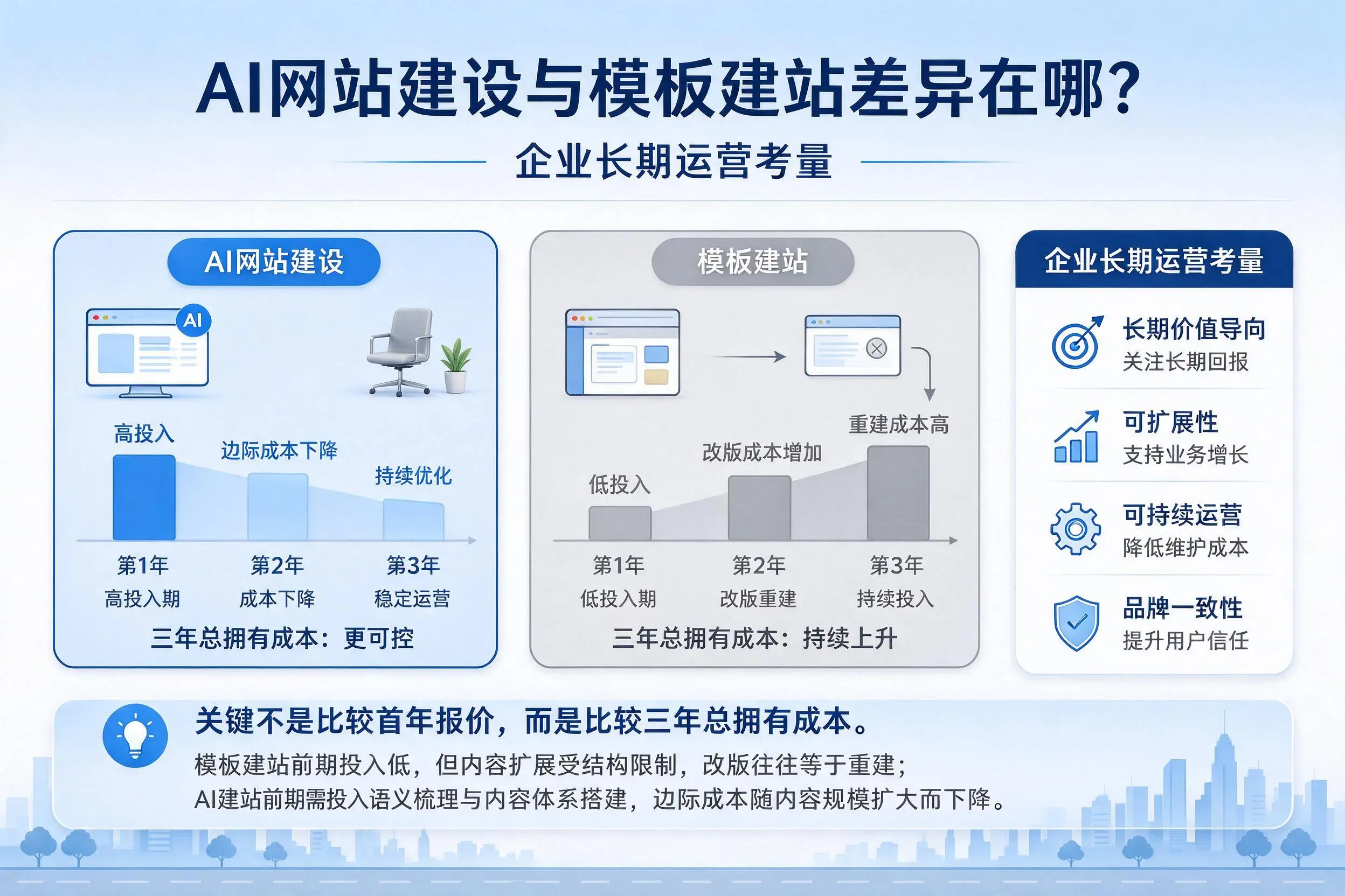 AI网站建设与模板建站差异在哪?琼中企业长期运营考量